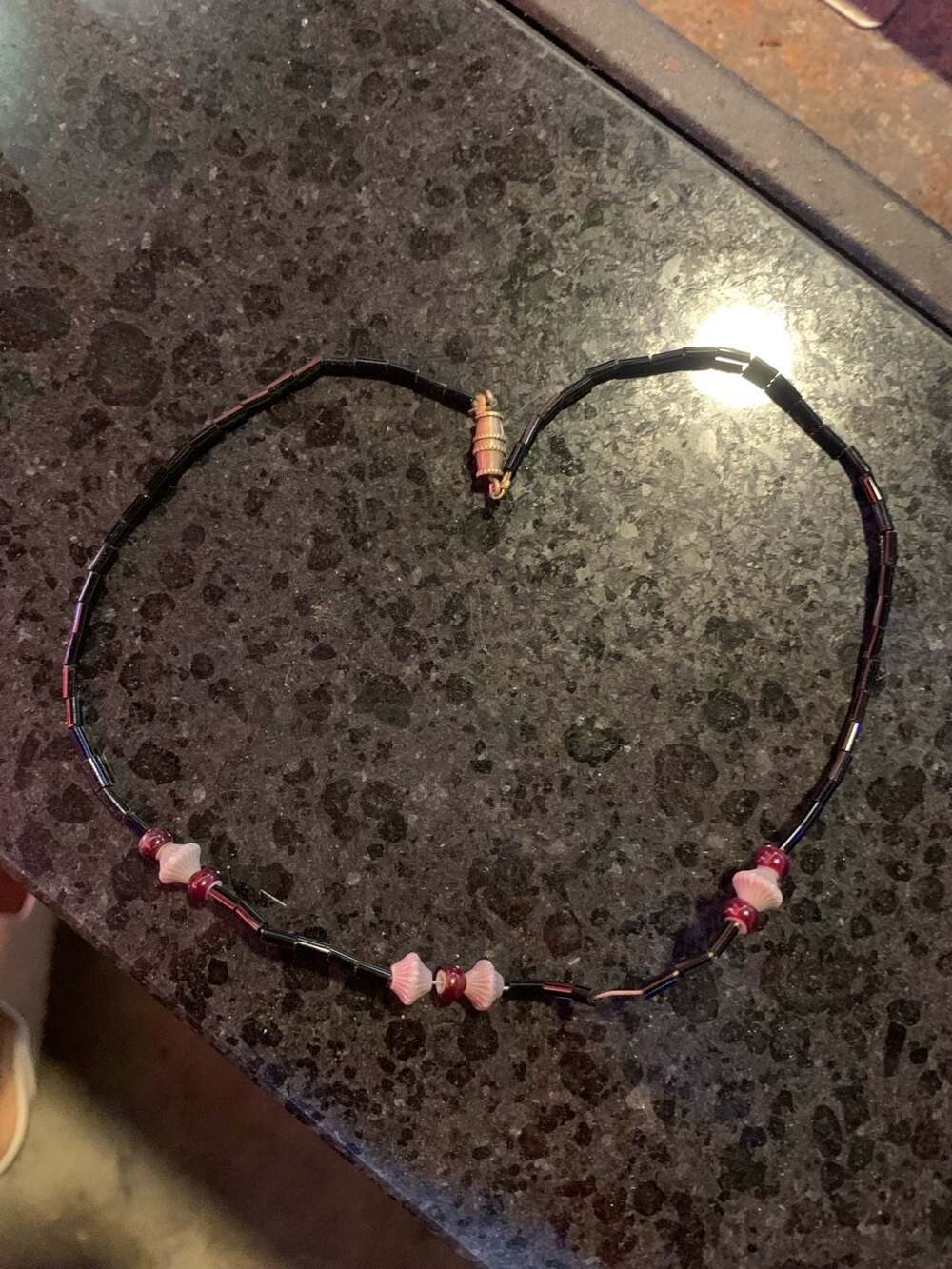 Vintage Beaded Choker Necklace with Black Tube Beads, Pink Shell-Style Accents,